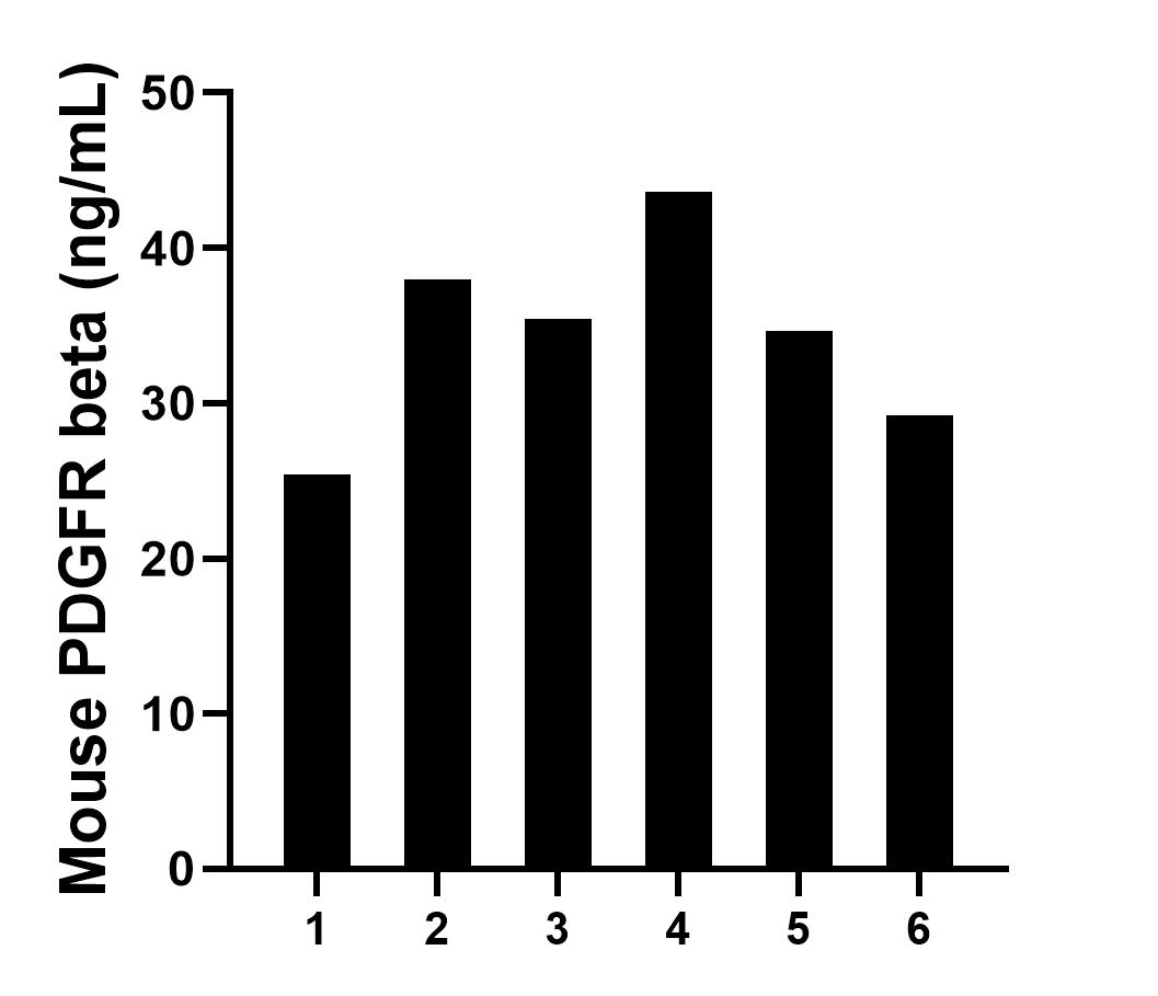 Serum of six mice was measured. The mouse PDGFR beta concentration of detected samples was determined to be 34.36 ng/mL with a range of 25.40 - 43.60 ng/mL.